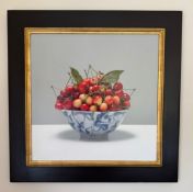 Luciano Ventrone (b.1942) Oil on linen. 'Primo Mattino'. Study of a bowl of cherries.