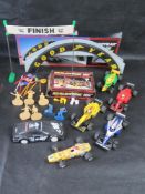 A quantity of vintage Scalextric trackside items, cars, figures etc.