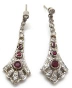 A pair of ruby and diamond Art Deco style drop earrings,