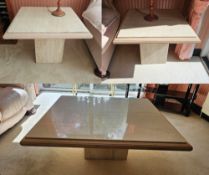 A suite of marbled square shaped Italian tables. Large low centre table 103 x 103 x 40cm, pair
