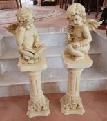 A pair of contemporary seated cherubs, each raised over a shaped and pillared base, 110cm high.