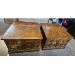A pair of retro 1970s oak brutalist style side tables. Each 71 x 71 x 47cm.