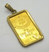 A fine gold 5g ingot - Swiss Bank Corporation, set in pendant mount with indistinct hallmark,