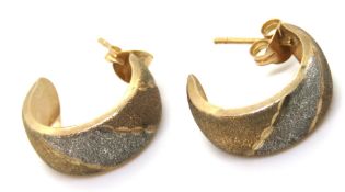 A pair of tri-colour half hoop earrings, butterfly backs stamped 375, 15mm drop, 1.4g.