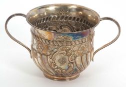 An Edwardian silver Porringer having a round bellied body, with bands of fluted decoration, with