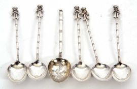 Five Chinese Export silver teaspoons featuring a bamboo-patterned handle and figural finial together