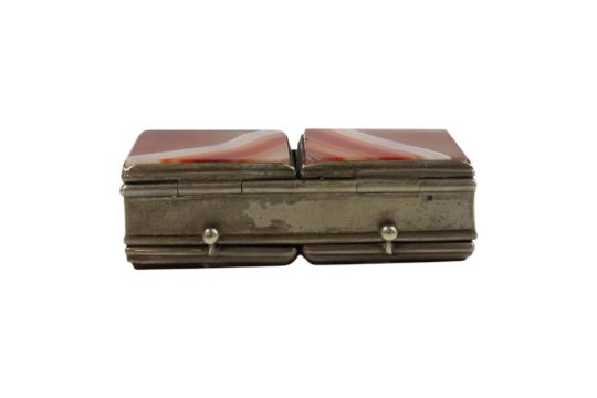 A Victorian banded agate and nickel four-compartment postage stamp case, 6 cm x 2 cm x 3 cm - Image 2 of 4