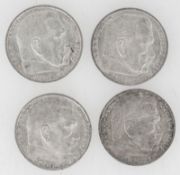 Drittes Reich 1938 A, E, F, J, Lot 5 Reichsmark - Silbermünzen "Hindenburg". Jaeger: 367, KM #94.,