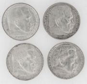 Drittes Reich 1937 A, D, E, J, Lot 5 Reichsmark - Silbermünzen "Hindenburg". Jaeger: 367, KM #94.,