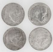Drittes Reich 1936 A, D, E, F, Lot 5 Reichsmark - Silbermünzen "Hindenburg". Jaeger: 367, KM #94.,