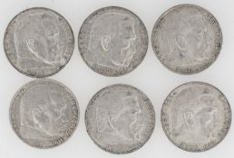 Drittes Reich 1936 A, D, E, F, G, J, Lot 5 Reichsmark - Silbermünzen "Hindenburg". Jaeger: 360,