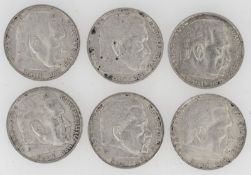 Drittes Reich 1936 A, D, E, F, J, Lot 5 Reichsmark - Silbermünzen "Hindenburg". Jaeger: 360, KM #