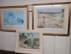 Three lithograph prints after Sir William Russell Flint including figure on beach, reclining lady