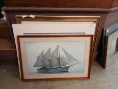 Two framed and one unframed artwork depicting ship, cricket, etc Dimensions: (Ship print) H, 17.5in,