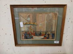 A framed and glazed coloured print titled 'Il Sommo Pontefice Portata In Sedia Gestatoria' marked to