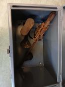 A stationery box containing metal triple last, part scale, and brass bell