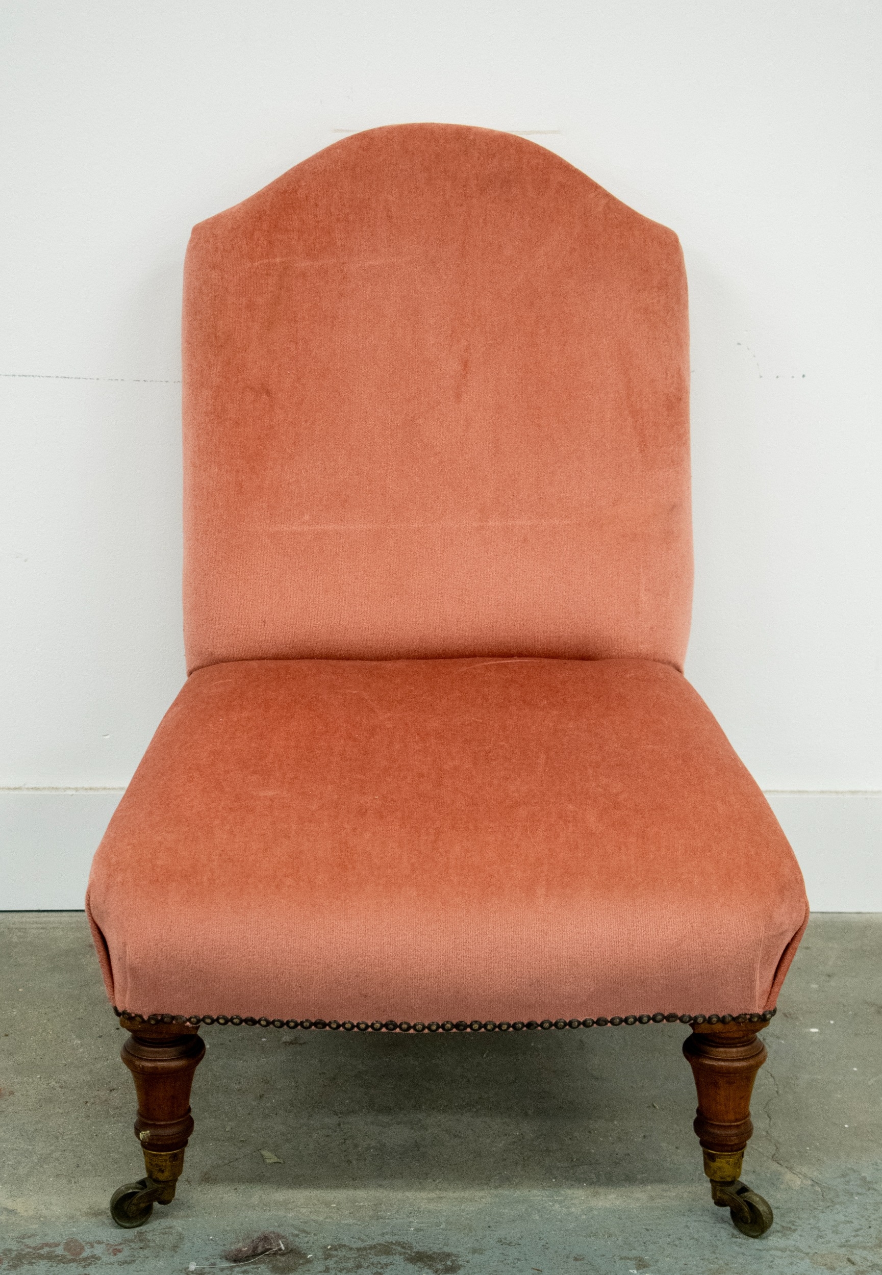 SLIPPER CHAIR, Victorian walnut, circa 1860, in pink dralon on Cope and Collinson patent castors, - Image 2 of 5