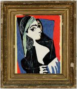 AFTER PABLO PICASSO. PORTRAIT OF JACQUELINE ON SILK.