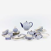 A LOMONOSOV RUSSIAN PORCELAIN ROYAL COBALT NET BLUE GOLD TEA SERVICE. (QTY).