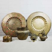 A LARGE KASHMIRI ENAMELLED BRASS SCALLOPED EDGED TRAY. (6).