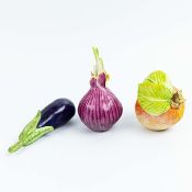 LADY ANNE GORDON (1924-2007). A CERAMIC PEACH, ONION AND AUBERGINE. (d)