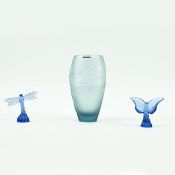 LALIQUE GLASS. LIBELLULE DRAGONFLY VASE TOGETHER WITH SAPHIRE BLUE DRAGONFLY AND BUTTERFLY SCULPTURE