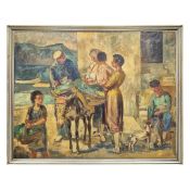 LUDVIG JACOBSEN (DANISH 1890-1957). GADEHANDLER PUERTO SOLLER MALORCA, MARKET SCENE WITH FIGURES POR