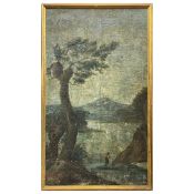 18TH CENTURY SCHOOL. TREE AND FISHERMAN IN A MOUNTAINOUS LANDSCAPE.