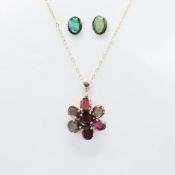 VICTORIAN SEMI-PRECIOUS STONE FLOWER PENDANT, 9CT YELLOW GOLD FINE CHAIN, WITH A OVAL TRIPLET OPAL S