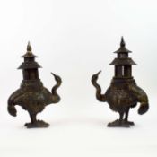 CHINESE STYLE BIRD AND PAGODA CENSORS, A PAIR.