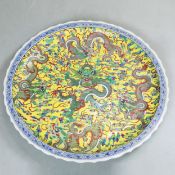 LARGE CHINESE FAMILLE ROSE STYLE CERAMIC DRAGON CHARGER.