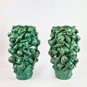 PAIR OF GREEN GLAZED CERAMIC SEA SHELL VASES.