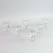 A LALIQUE SET OF SIX ALGER BRANDY GLASSES.