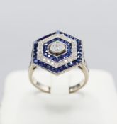 AN 18CT WHITE GOLD SAPPHIRE AND DIAMOND HEXAGONAL RING.