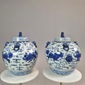 PAIR OF BLUE AND WHITE CHINESE CERAMIC LIDDED JARS.