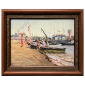 NIKOLAI KIRILLOVICH RUDIKOV (RUSSIAN B. 1930). FIGURES IN A BOAT BY THE SHORE.