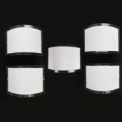 LUCE PLAN WALL LIGHTS, A SET OF 5, WITH WHITE RIBBED AND CLEAR PERSPEX SHADES.