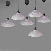 SET OF SIX CONTEMPORARY ITALIAN PENDANT LIGHTS WITH RIBBED LILAC GLASS SHADES.