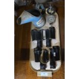 WW2 MILITARY STYLE COMPASS BY T.G CO LTD LONDON 1942, 2 PAIRS OF MILITARY FIELD BINOCULARS ONE