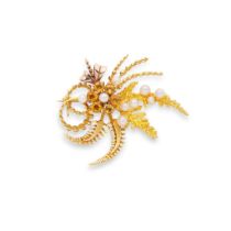Cairncross of Perth: A 9ct gold Scottish freshwater pearl and citrine spray brooch