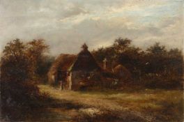 Joseph Thors (1835-1920) Farm buildings with figure in a landscape, signed, oil on canvas, 31.5 x