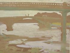 Mary Eastman (act.1932-1970) The Bridges at Putney, circa 1950 watercolour and gouache 26 x 35cm.