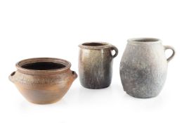 Svend Bayer (b.1946) Three pieces two large vessels with loop handles and a casserole dish the