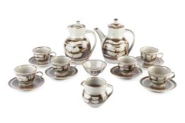 Harry and May Davis at Crowan Pottery Tea set with iron glazed decoration on a grey ground