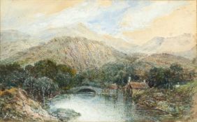 C.N. Woolwich (19th century) Cottage by a lake, signed, watercolour with body-colour, 11 x 19cm