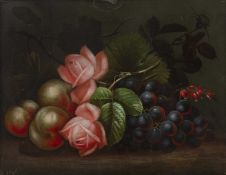 Edwin Steele (c.1850-c.1912) Still life of pink roses and fruit, signed, oil, 28.5 x 37cm From a