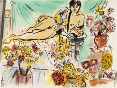 Edward Piper (1938-1990) Nude with Flowers, 1989 signed and dated (lower) mixed media 45 x 61cm.