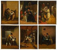 A set of six late 19th century German overpainted prints on metal, all depicting figures in