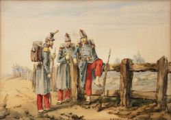 Orlando Norie (1832-1901) Continental officers by a stile, signed, watercolour, 15 x 21cm; and