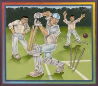 David Brooke (20th/21st century) 'Cleaned Bowled', signed and dated 1987, acrylic, 37 x 42cm